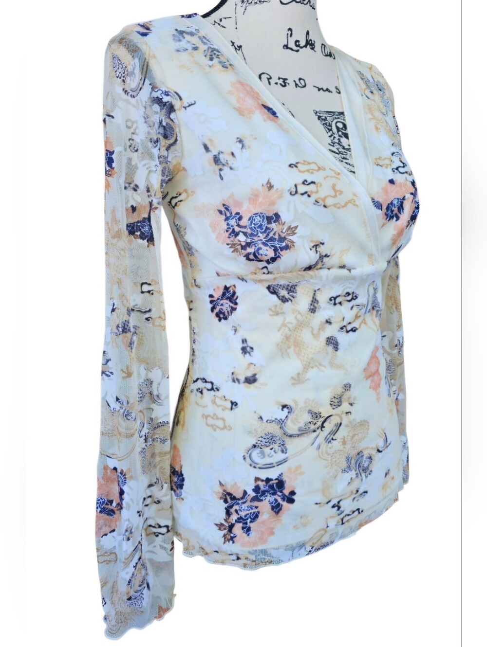 Wrapper Cream Floral Print Top with Peach Accents - Picture 2 of 6